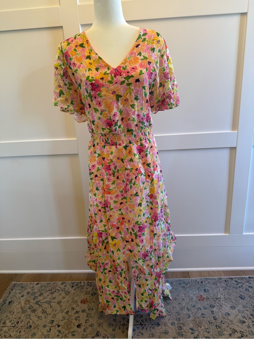 CeCe 1X Pink Floral Maxi Dress Lined Lightweight Summer Spring Asymmetrical Hem